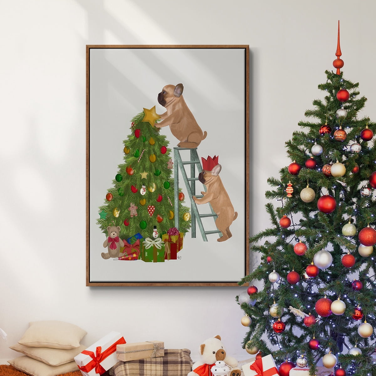 Christmas French Bulldog Tree Ladder - Framed Gallery Wrapped Holiday Canvas - 25 x 37 - Rosewood Frame