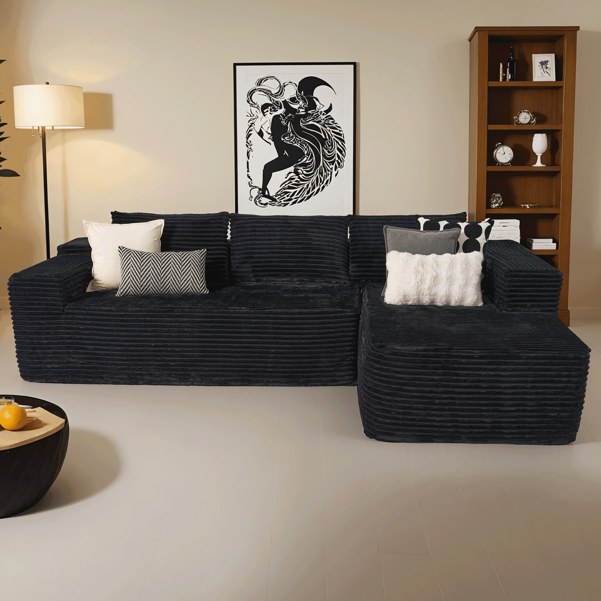 Ovios 106" Cloud Sofa Couch No Assembly Boneless Deep Seat Sofa for Living Room, Black(Plush Corduroy)