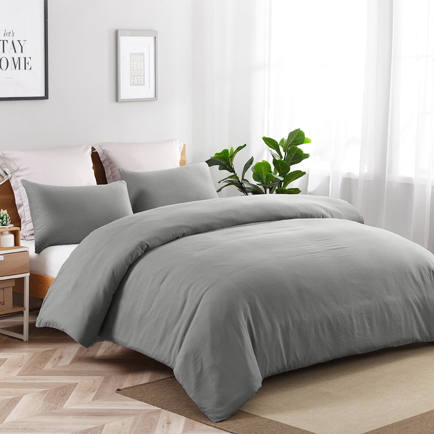 JML 3 Pieces Washed Microfiber Duvet Cover Set With Zipper, Corner Ties And 2 Pillowcases, King 90"x 104", Grey