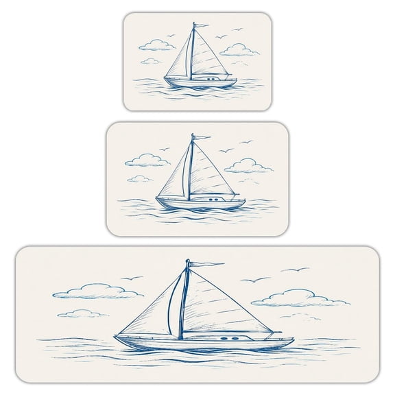 RKSupls Kitchen Rug Set 3 Piece Anti-Slip Flannel Floor Mats, Sailboat Ocean Sketch Washable Absorbent Runner Mats for Kitchen Bathroom Home Decor