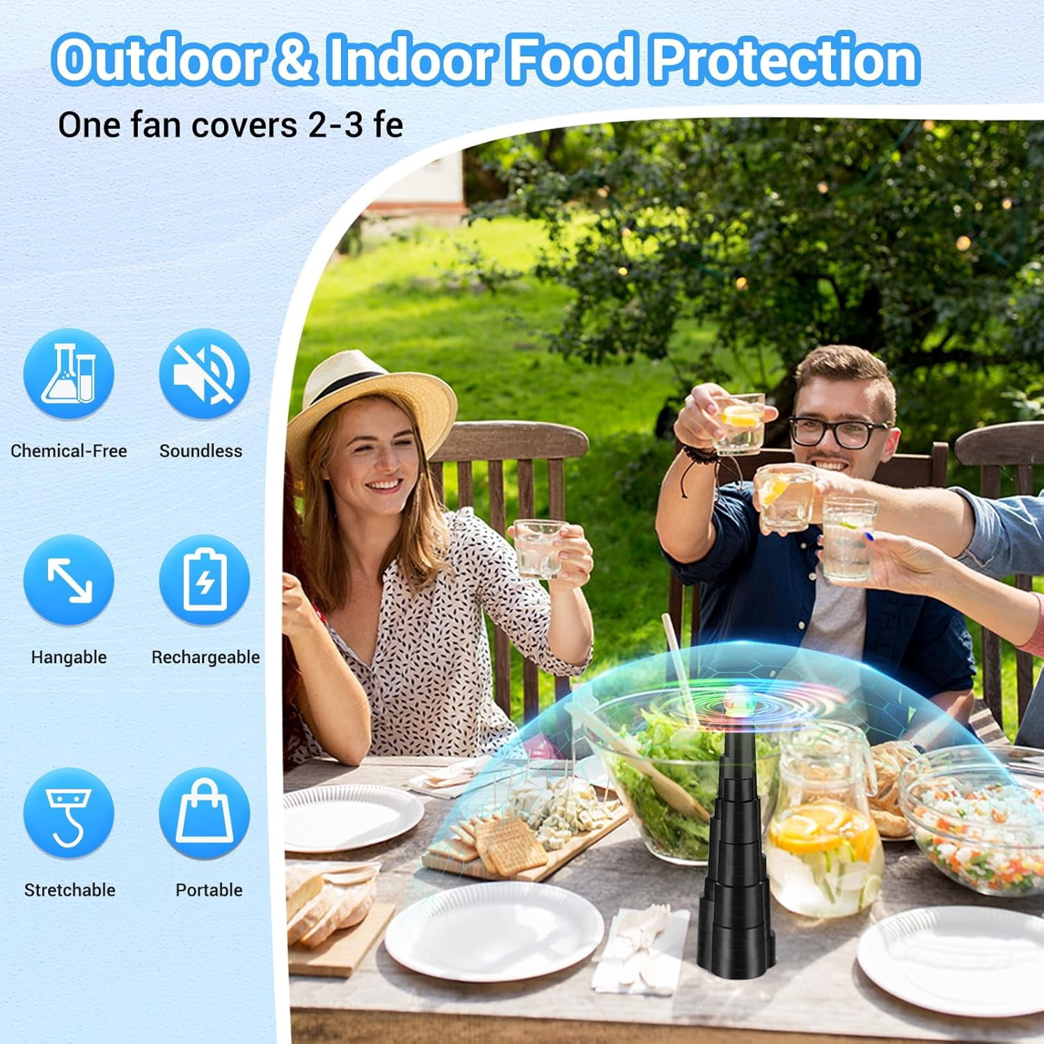 6-PACK Fly Fans for Tables, Rechargeable Fly Fan Table Top Fan with LED Light, Fly Spinner with Soft Holographic Blades for Picnic, Restaurant, Party, Home, and BBQ