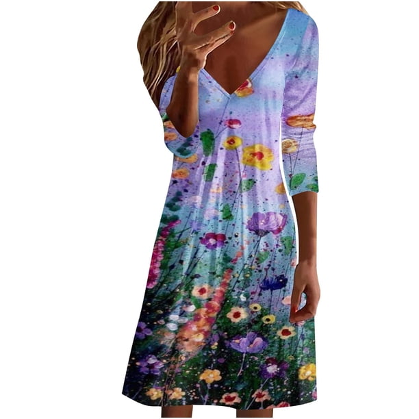 Vestido de jersey con cuello en V y manga larga estampado a la moda para mujer Pompotops hdfakjf8396
