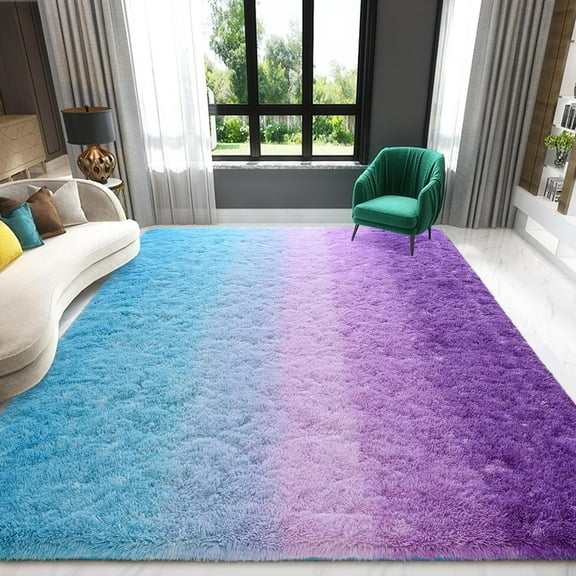 Purple-Blue Area Rugs Fluffy Carpets, 6x9 Feet Extra Large Plush Rug for Bedroom Living Room, Rectangular Modern Rugs for Kids Girls Children Room, Shaggy Rug for Home Decor