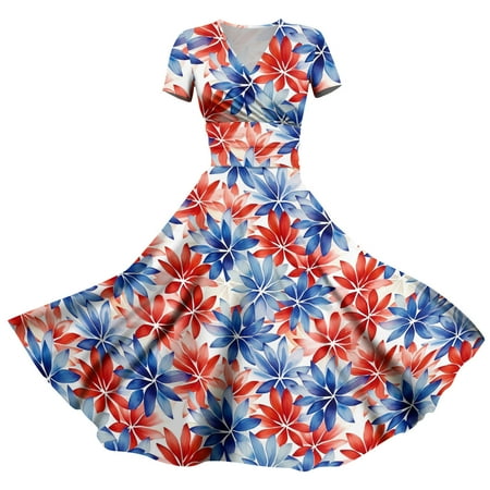 DBAIXID Independence Day Dress for Women Short Sleeve 1776 Patriotic USA American Flag V Neck Summer Dresses Red White and Blue Plus Size Vintage Freedom Forever Hepburn Dress Blue 2XL