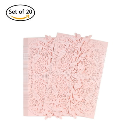 20pcs/set Wedding Invitation Card Set Pearl Paper Laser Cut Hollow Floral Pattern Invitation Cards Pink