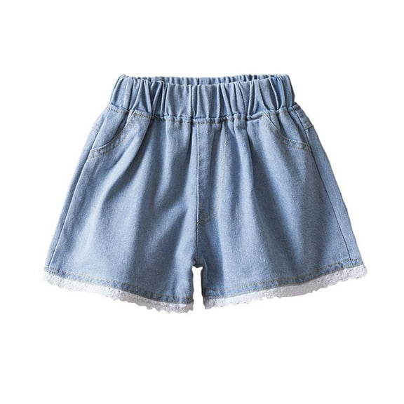 FNFYFH Denim Shorts for Girls Elastic Waisted Short Pants with Pockets Kids Summer Bottoms Blue