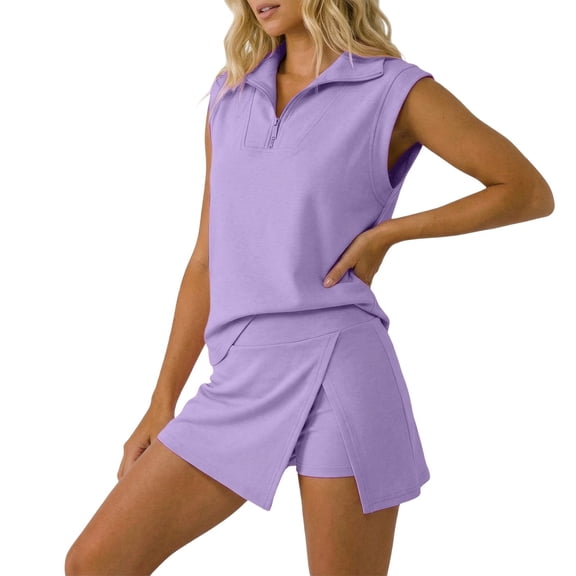 Likimi Womens Two Piece Set Sleeveless Lapel Zipper Solid Color Top With High Waist Shorts Summer Breathable Soft Outfit Set Purple Size L