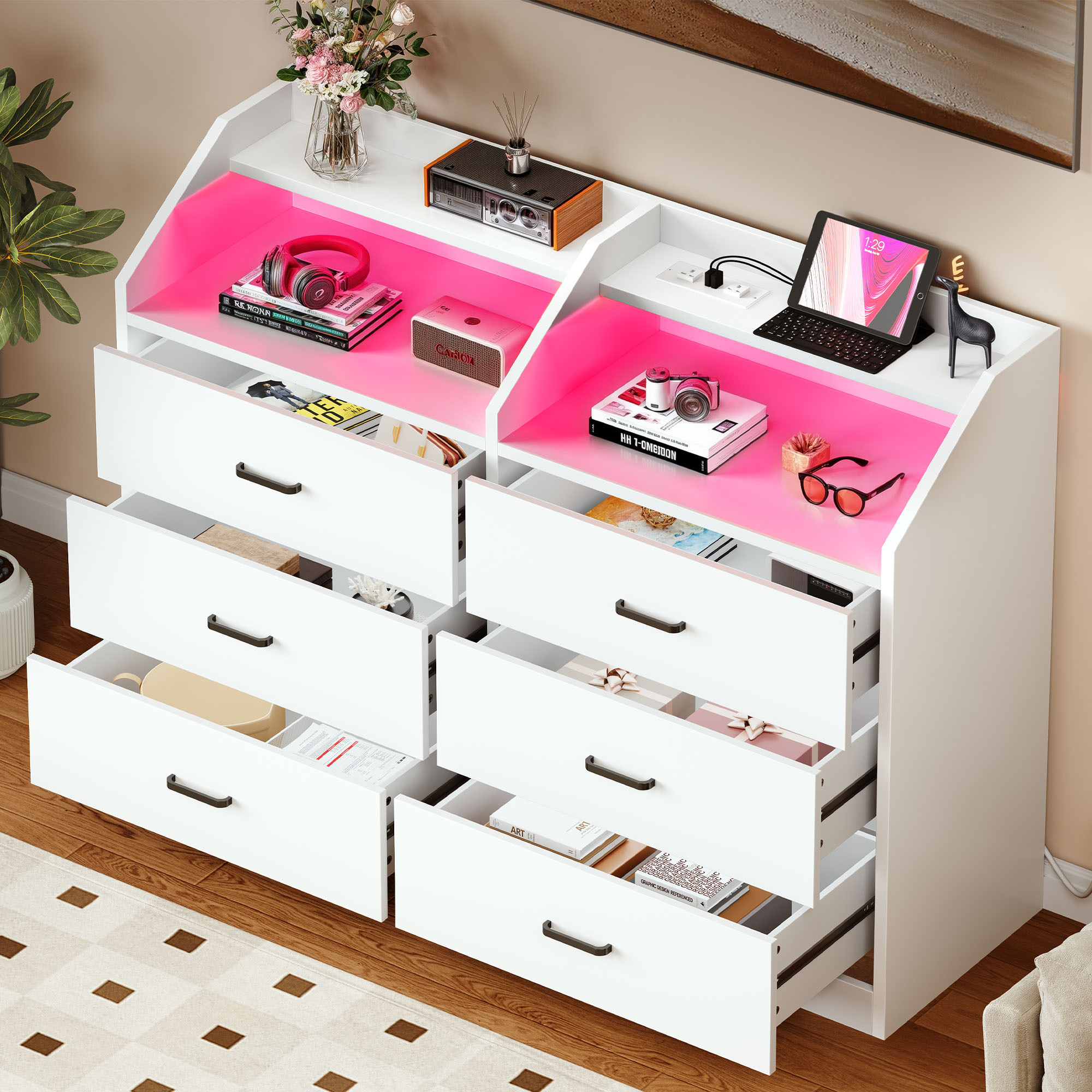 Uforic 6-Drawer Double Dresser with LED Lights & Power Outlets, Storage Cabinet Chest of Drawers with Shelves, White
