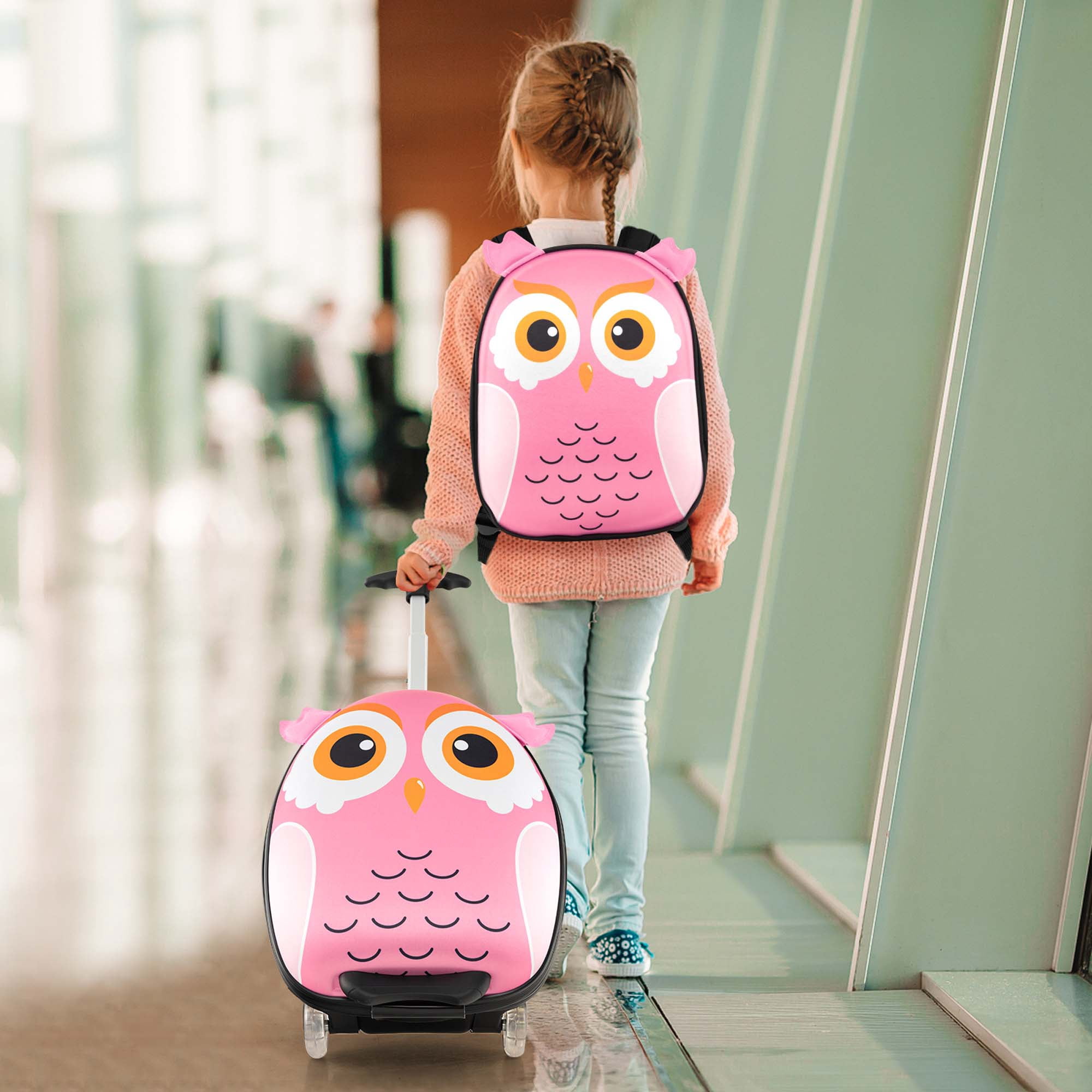 Costway 2PCS Kids Carry On Luggage Set 16'' Owl Rolling Suitcase with 12'' Backpack Travel Pink