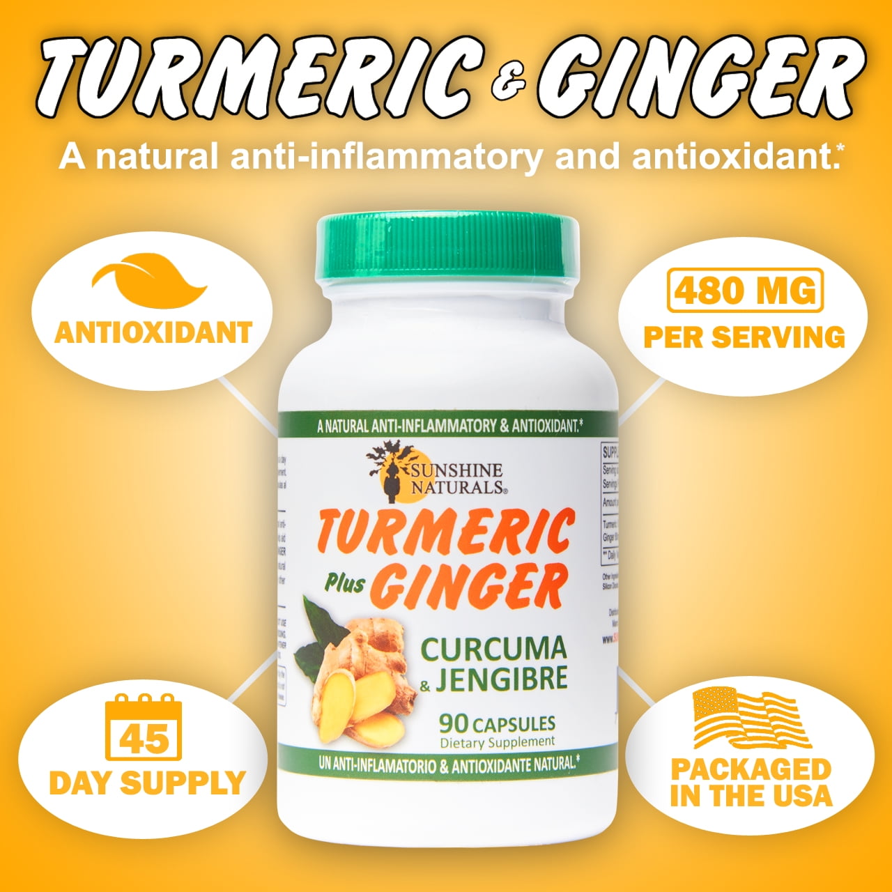 Sunshine Naturals Turmeric Curcumin Plus Ginger 90 Capsules Dietary