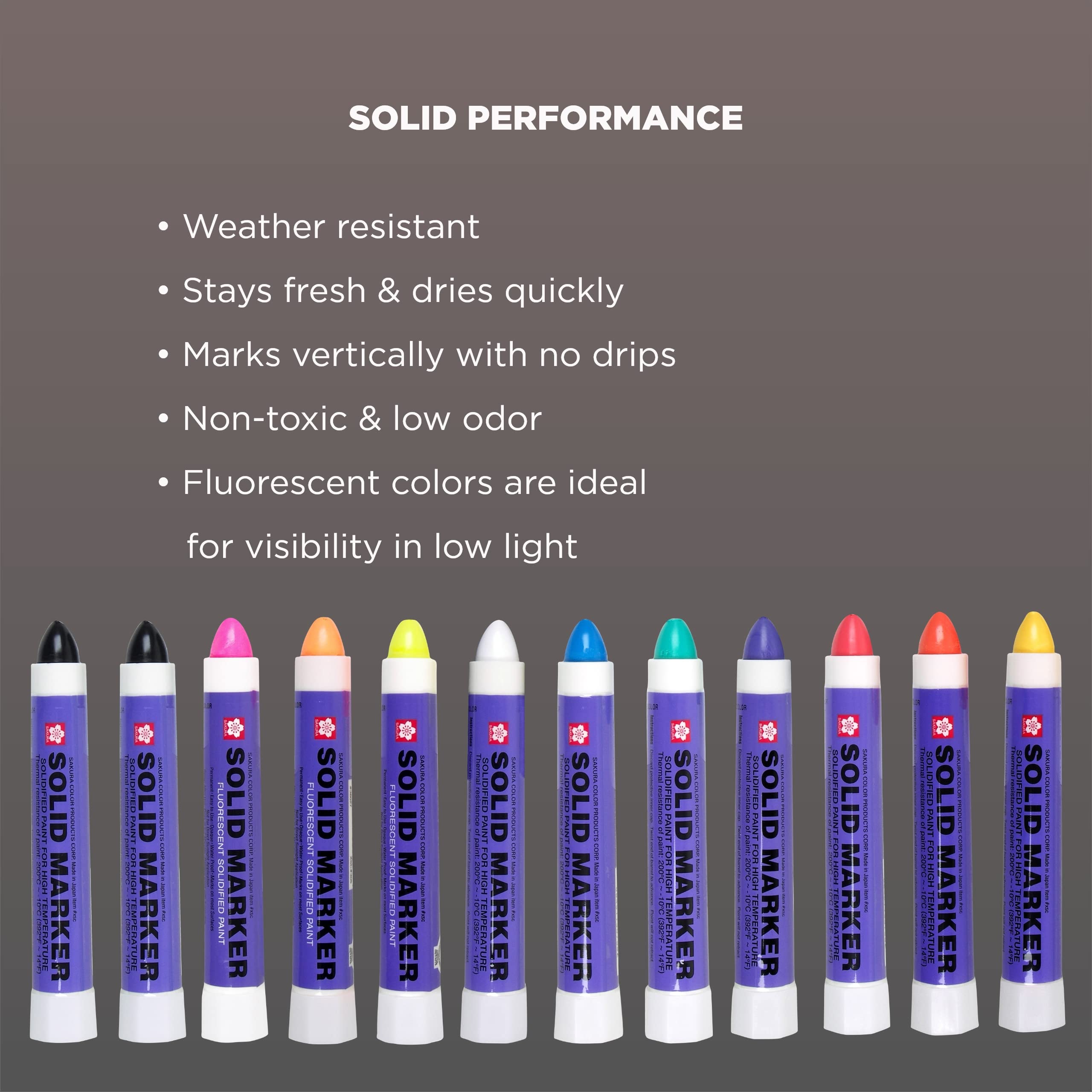 Sakura Solid Paint Markers - 12 Assorted Permanent Marker Paint Pens - 2 Black Markers, 7 Assorted Colors & 3 Fluorescent Paint Markers - Window, Wood & Glass Marker - Assorted Paint Colors - 12 Pack