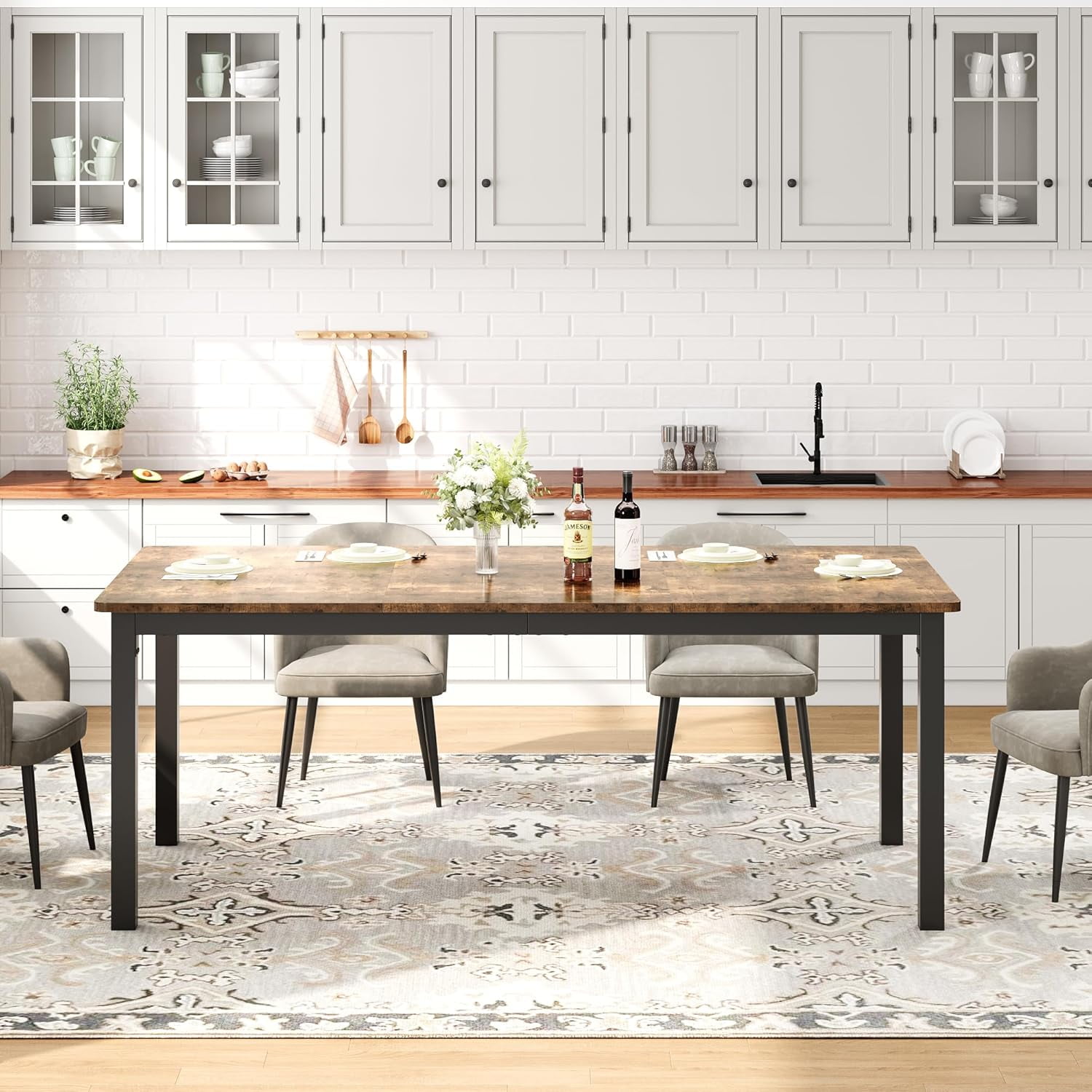 Garvee 78.7" Long Dining Table for 6-8 People, Large Rectangular Kitchen Table with Sturdy Metal Legs, Modern Industrial Dining Table with Rounded Corners, Brown