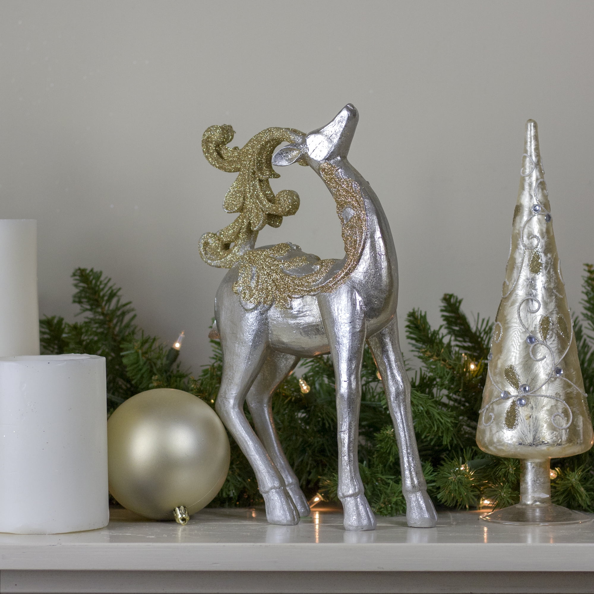 Northlight 19.25" Silver and Gold Glitter Christmas TableTop Reindeer Figure 