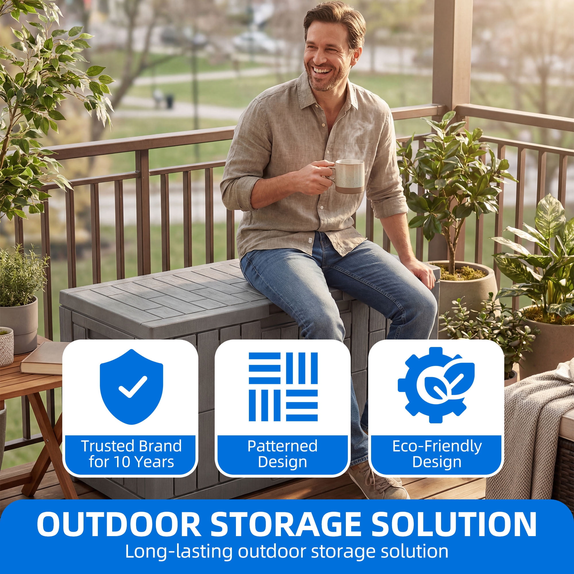 Dextrus 60 Gallon Weatherproof Rattan Deck Box, Heavy-Duty Resin Outdoor Storage Box with Slide-Locking Lid, Lockable Multi-Purpose Organizer for Patio, Garden and Home Essentials, Light Brown