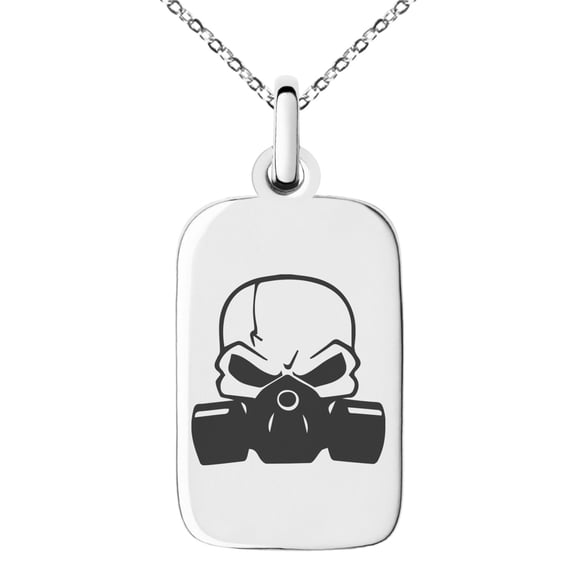 Stainless Steel Biohazard Death Skull Engraved Small Rectangle Dog Tag Charm Pendant Necklace