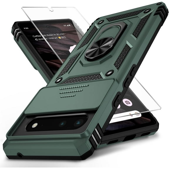 for Google Pixel 6 Case with Camera Lens Cover HD Screen Protector, 10 FT Military Grade Drop Protection, Magnetic Ring Holder Kickstand Protective Phone Case, Pine Green