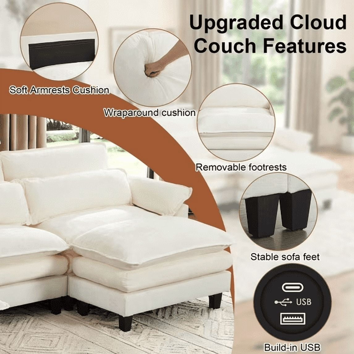 Howcool 113" Modular Sectional Sofa with Movable Ottoman, L Shaped Comfy Cloud Couch, Deep Seat 3-Seat Convertible Sofa, USB Ports & Side Pockets, Chenille Fabric,Beige