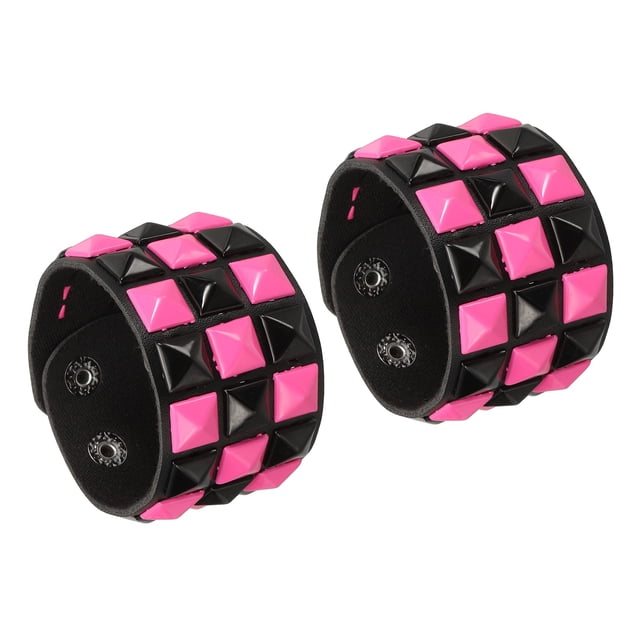 Uxcell 2 Pcs Pulsera Punk de Cuero 8.7"/22cm Remaches de Fila Cuadrada Gótica con Picos Ajustable para Halloween Emo Grunge Accesorios, Negro Rosa