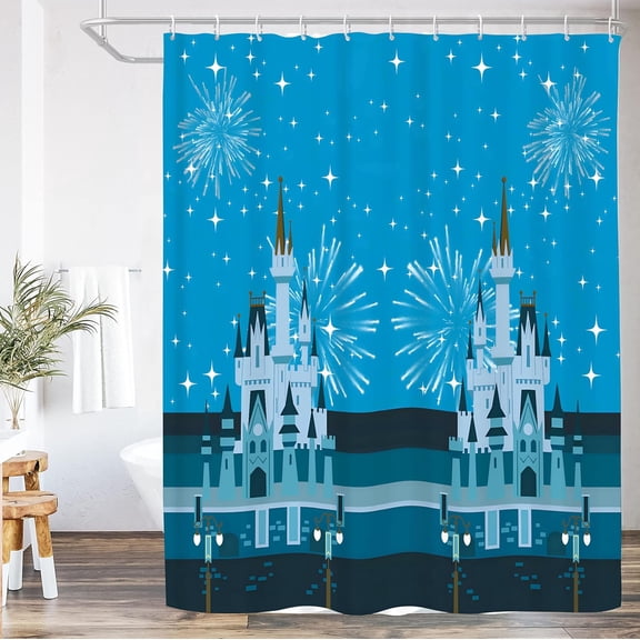 Cute Cartoon Shower Curtain Blue Castle Children Cartoons Kids Shower Curtain Sets Waterproof Polyester Fabric Bathroom Curtains with 12 Hooks, 72 x 72 Inches