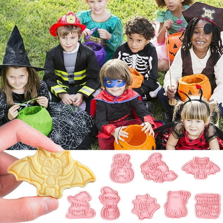 

Kitchen Halloween Cookie Cutter Set 8 Pcs Cutters Mold Making Witch Cat Pie 3D Fondant Stampers DIY Cake Baking Decoration