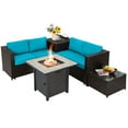 thumbnail image 1 of Patiojoy 5-Piece Patio Furniture Set with 30 Inches Gas Fire Pit Table Outdoor PE Wicker Conversation Sectional Sofa Set with Cushions Turquoise, 1 of 10