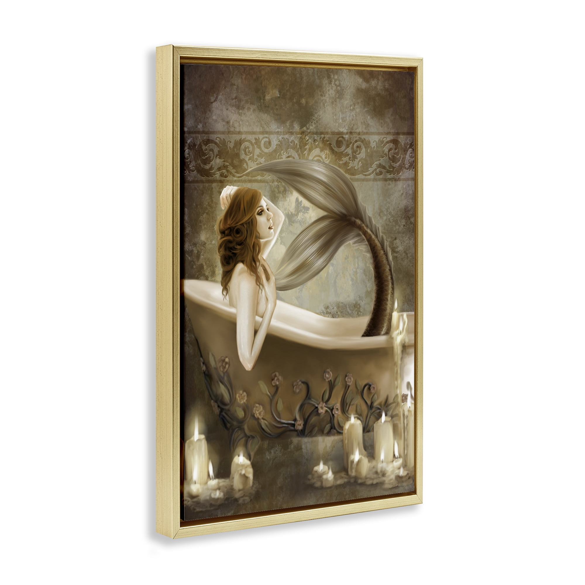 Stupell Industries Sepia Bath Time Mermaid Gold Framed Floater Canvas Wall Art, design by Selina Fenech