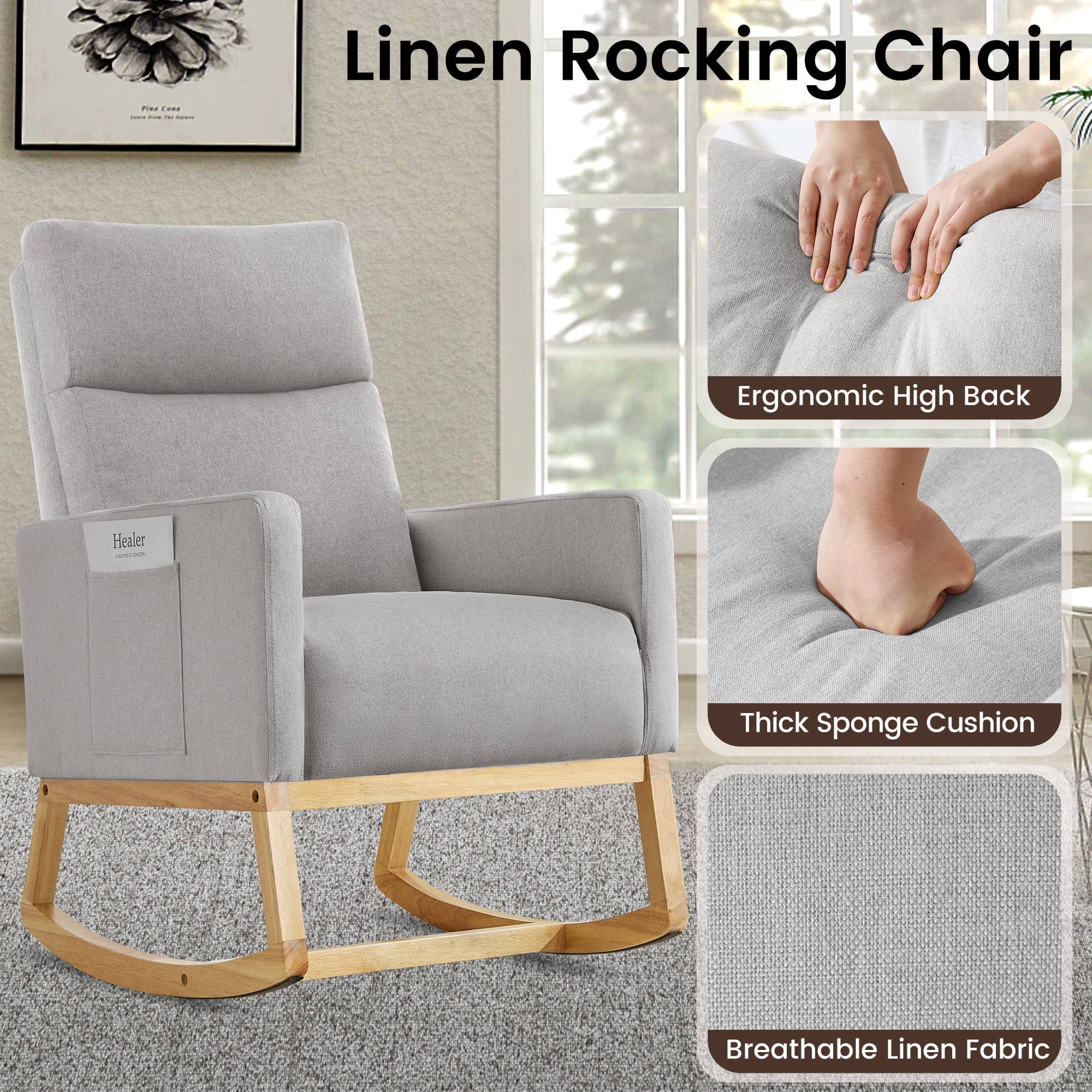 SAETSFEG Rocking Chair Nursery, Comfortable Upholstered Glider Rocker Chairs Indoor for Adults, Mid-Century Modern Nursing Accent Rockers for Living Room, Bedroom, LightGray