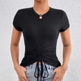 thumbnail image 3 of DuoJiaJ Women's Solid Color Round Neck Casual Simple Drawstring Short Sleeved T Shirt Women’s High-Neck Workout Tops Black, 3 of 5