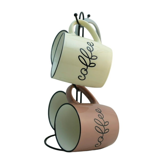 Set De 4 Tazas De Porcelana en Tonos Neutros, Capacidad 360 ml Con Rack Organizador, Estante Colgante para Tazas de Cocina para el Hogar, Estante para Bebidas, Accesorio Decoración