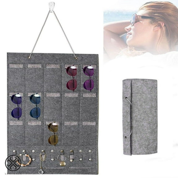 Luxtrada Sunglasses Storage Organizer, Wall Pocket Mounted by Sunglasses, Hanging Eyeglasses Storage Holder, 15 Felt Slots Hanging Glasses Storage Bag W/Ornament hole (15.7" x 25.2'')