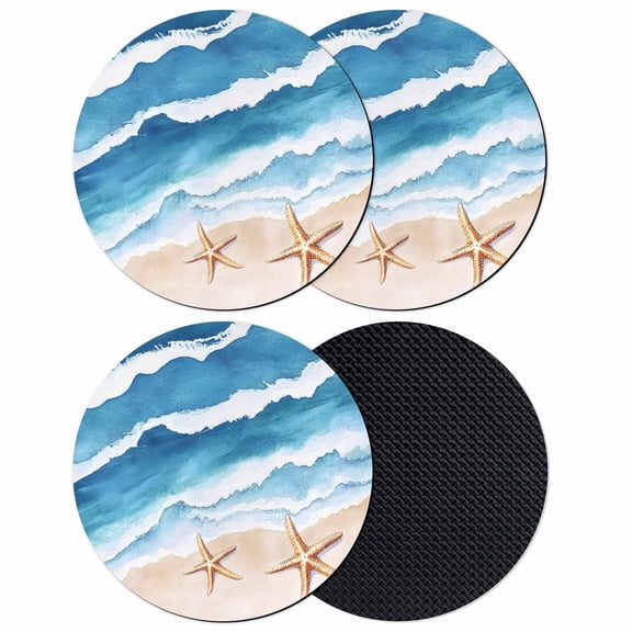 Coastal Beach Coasters for Drinks,Absorbent Non Slip Rubber Drink Coasters Set of 4 for Cup,Table,Bar,Home Decor, Abstract Ocean Waves Starfish Blue