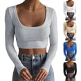 thumbnail image 3 of Douhoow Women Knitted Crop Top Long Sleeve Slim Fit Basic Deep U Neck Solid Color Short Top, 3 of 4