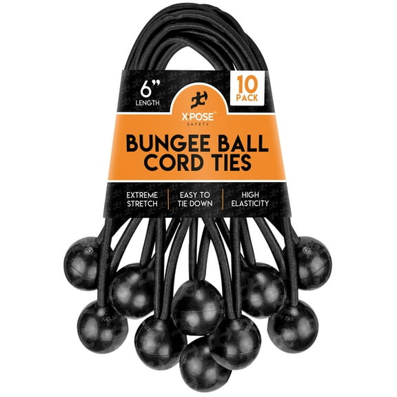 Xpose Safety Bungee Ball Cords – 6” 10 Pack – Heavy Duty Black Stretch Rope with Ball Ties for Canopies, Tarps, Walls, Cable Organization