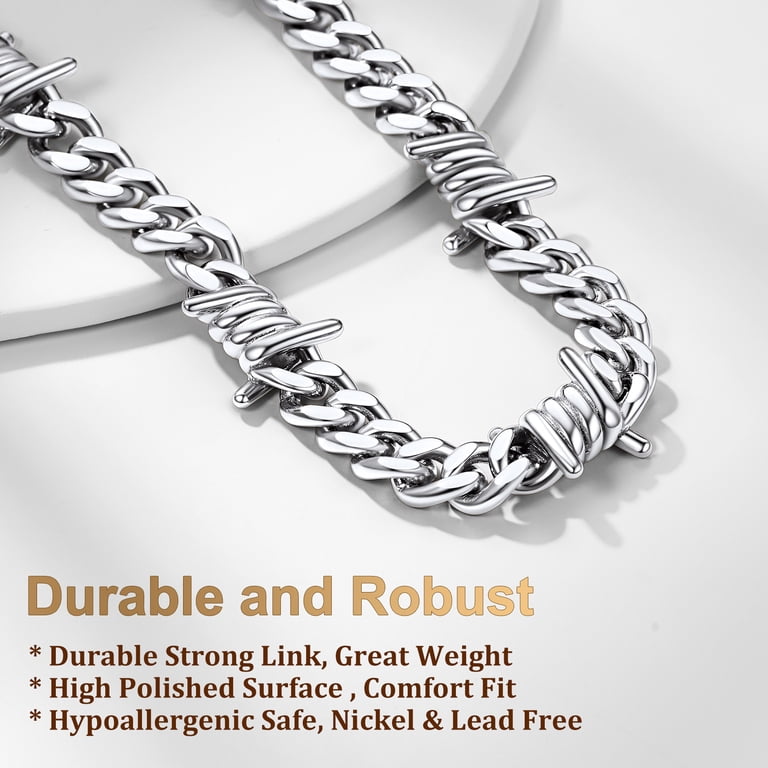 LuxGoth Stainless Steel Barbed Wire Thorns Cuban Chain Bracelet - Gothic Punk Rock Style For Men & Women, Silver