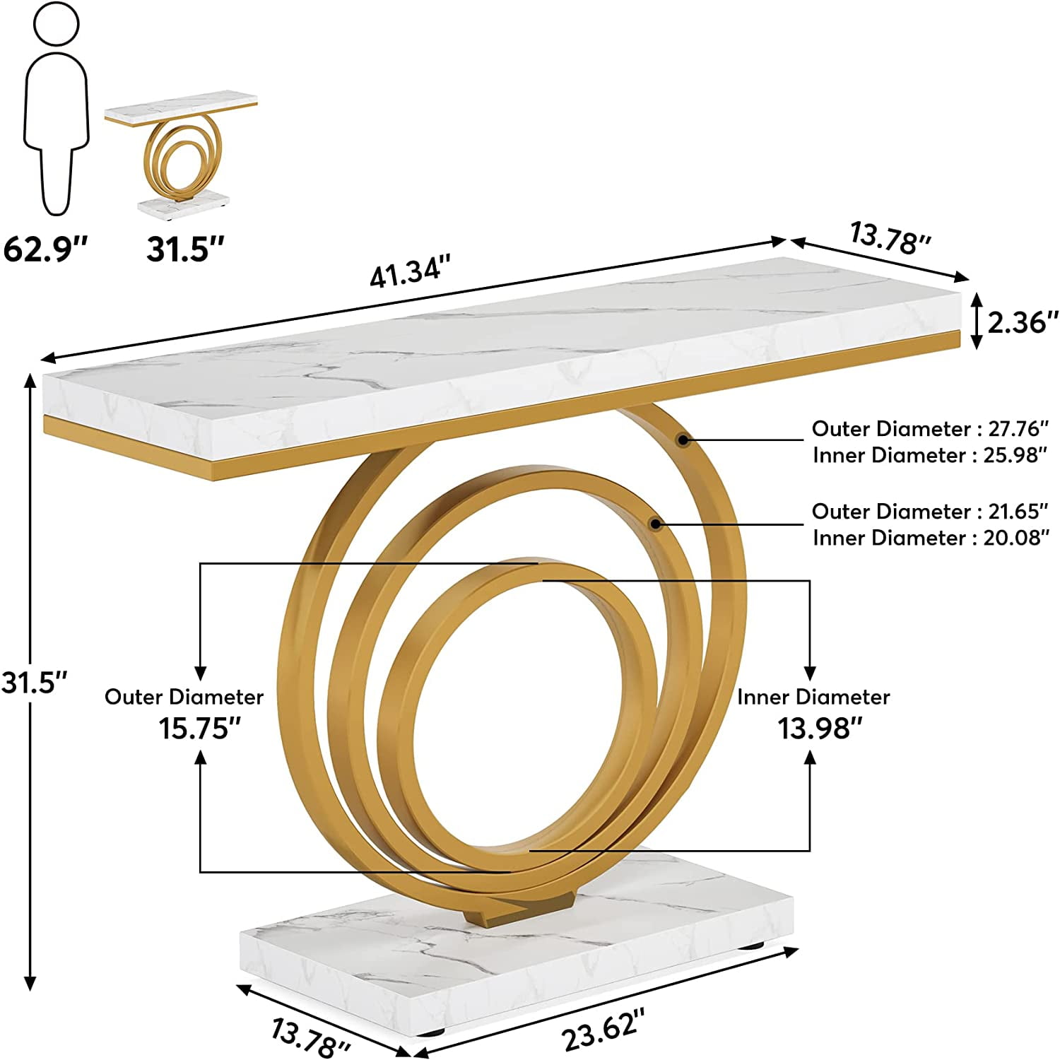 Tribesigns 41 Inch White Console Table with Gold Ring Base, Modern Entryway Sofa Table Narrow Long, Geometric Contemporary Accent Table for Living Room, Entryway, Hallway, Entrance, Faux Marble White