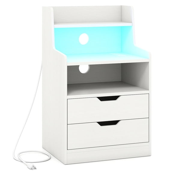 Furnibear Nightstand with LED Light and Charging Station, Modern Bedside Table with Open Shelf, White
