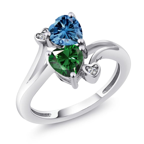 Gem Stone King 925 Sterling Silver Persian Blue Moissanite Green Nano Emerald and White Diamond Ring for Women (1.53 Cttw, Heart Shape 6MM, Gemstone Birthstone, Size 9)