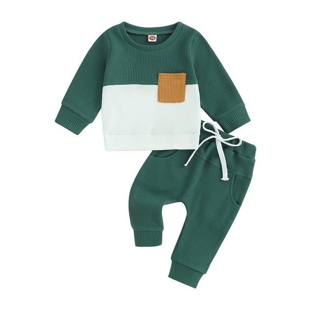 Fortune 0-3T Toddler Baby Boy Waffle Clothes Patchwork Sweatshirt Pullover Long Pants Infant Fall Winter Outfits