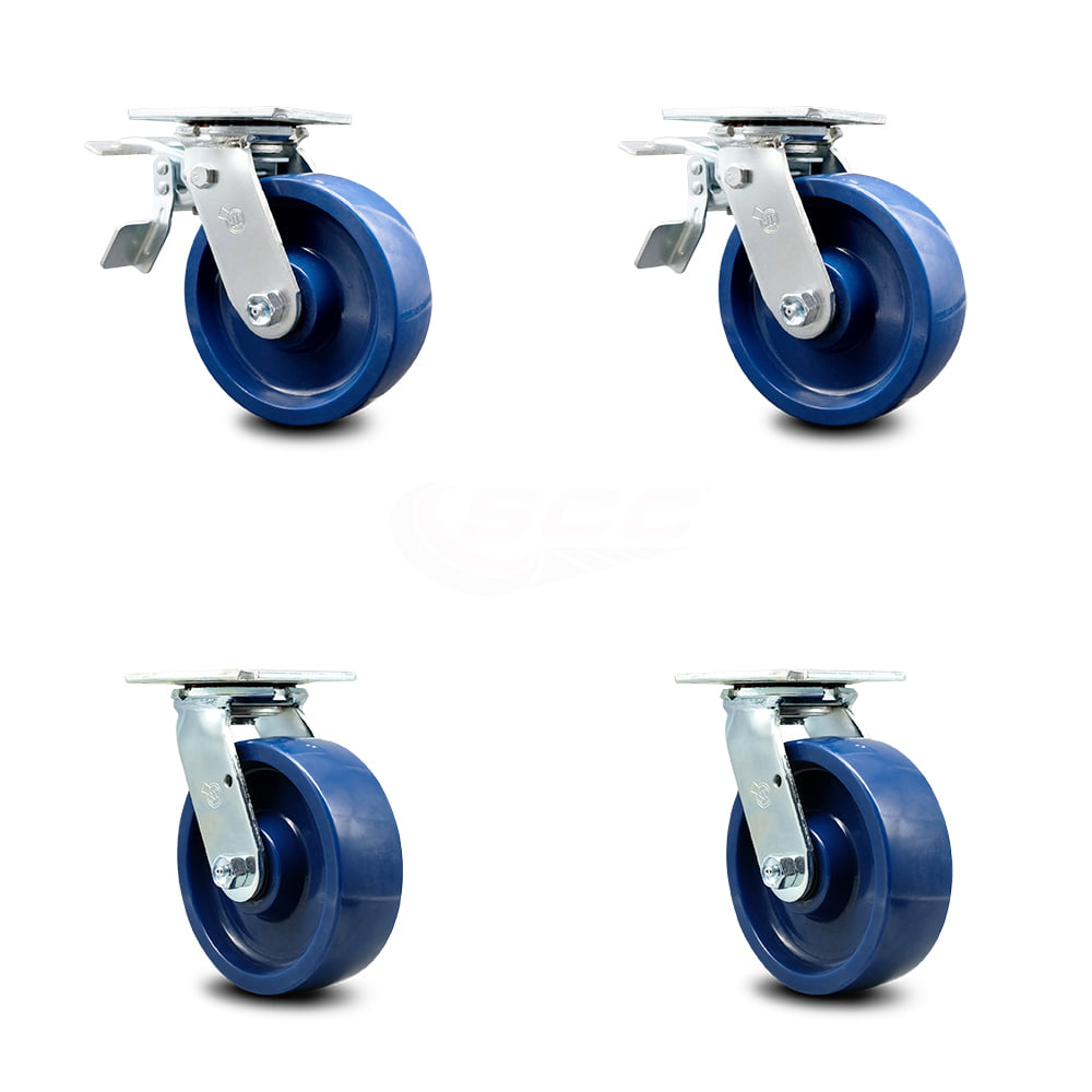 SCC 6" x 2" Blue Solid Polyurethane Wheel Swivel Casters Set of 4 
