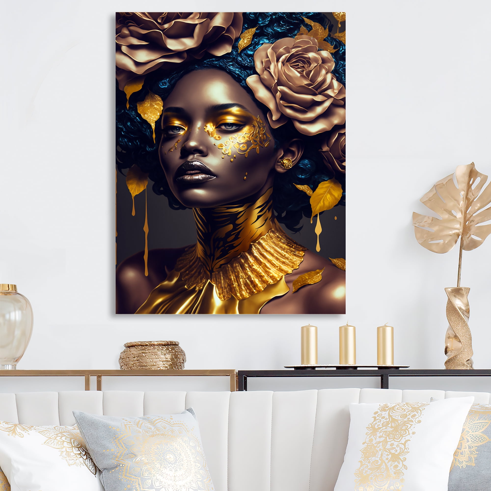 Designart Gold And Black Floral Woman VII Canvas Wall Art