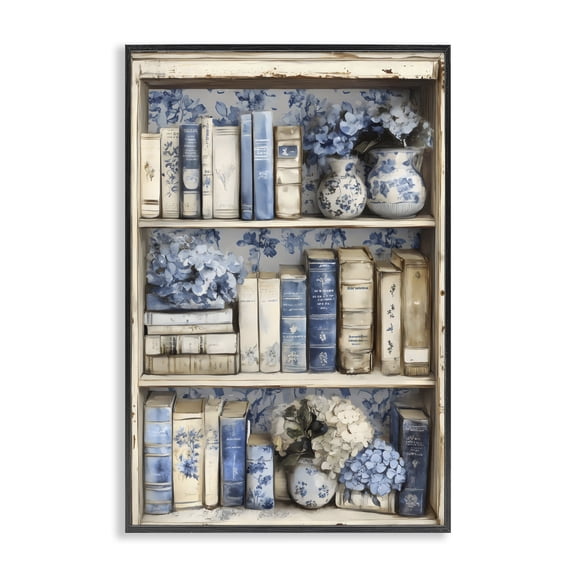 Stupell Industries Shabby Chic Blue & Beige Bookcase Black Framed Giclee Art, 12 x 18, by LSR Design Studio