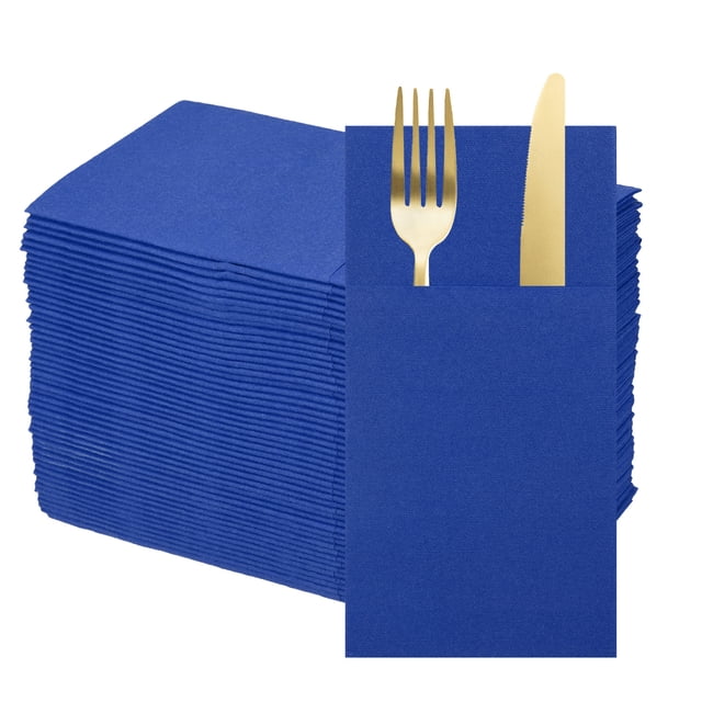 50 Pcs Servilletas Desechables con Sensación de Lino y Bolsillos para Cubiertos Incorporados, Servilletas de Papel para Cena para Cuchillo y Tenedor Azul Oscuro
