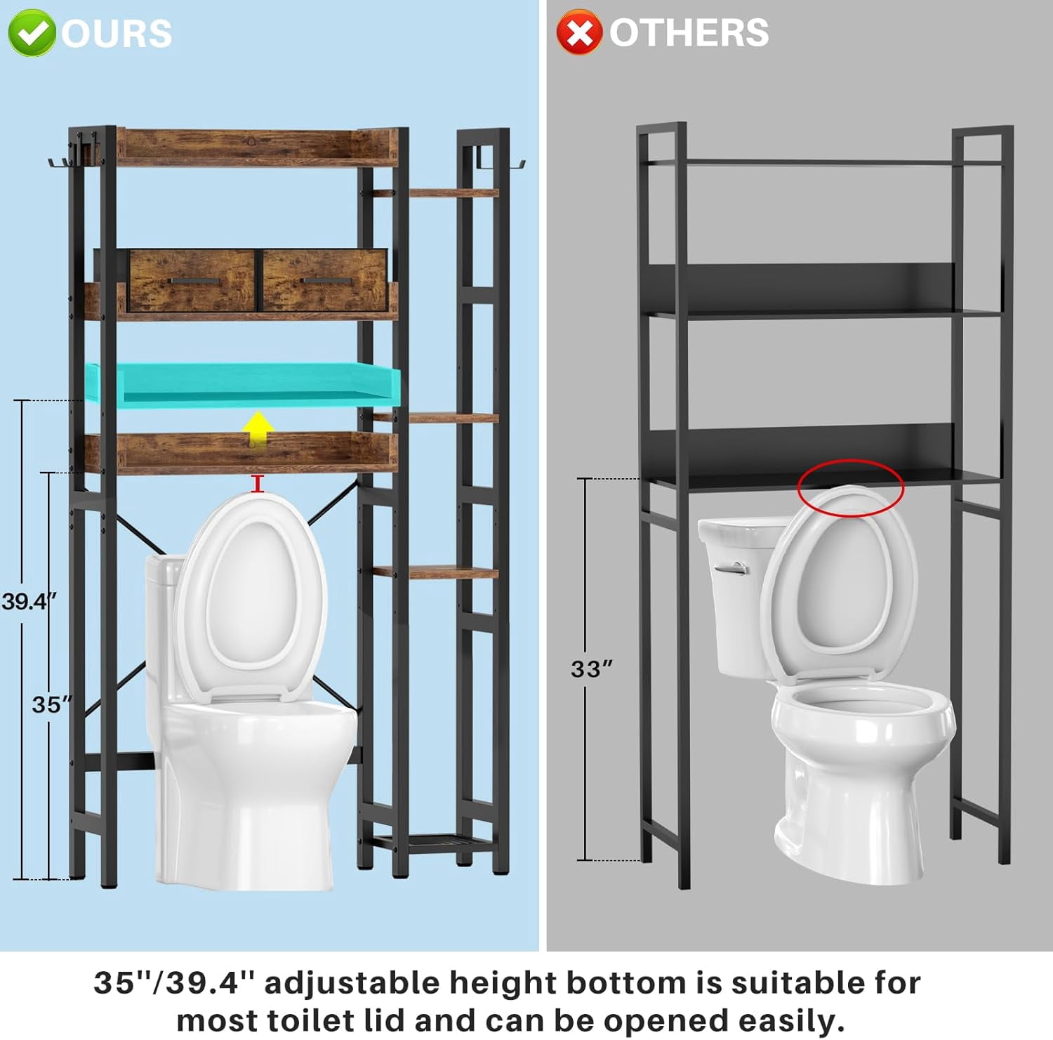 Over the Toilet Storage Upgraded version with 2 Drawers 7 Tier Bathroom Organizer with Adjustable Shelf Freestanding Space Saver above Toilet Stand with 4 Hooks Metal Bathroom Organizer, Rustic Brown