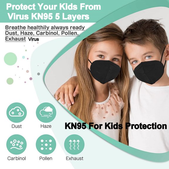 50 Pcs NK95 Kids Boy Girl Teens Face Mask Dental Cover 5 Layers Ear Loop Black Color Individual Seal Pack Personal Care Safety