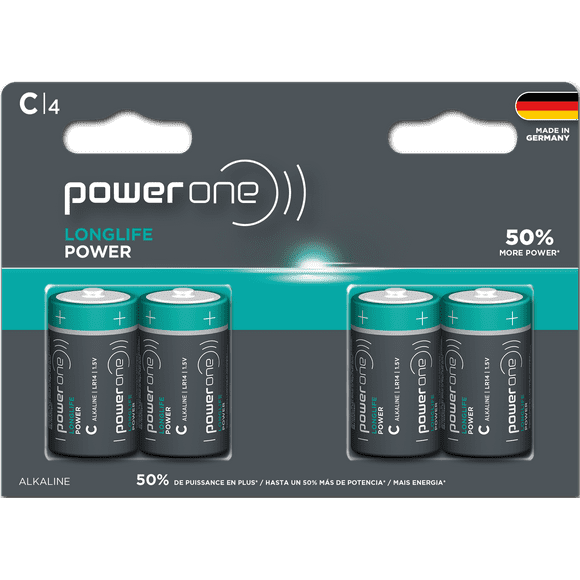 POWER ONE LONGLIFE POWER C Battery Pack of 4 Long Performing Alkaline Batteries Made in Germany With Up To 10 Years Shelf Life