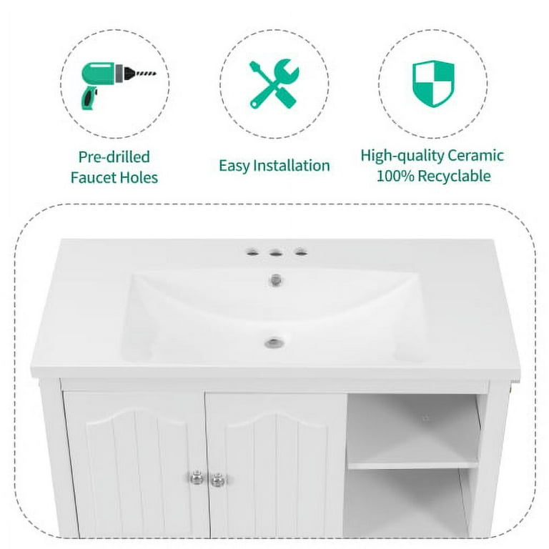 Merax 36 Bathroom Vanity with Ceramic Basin, Bathroom Storage Cabinet with  Two Doors and Drawers, Solid Frame, Metal Handles, White