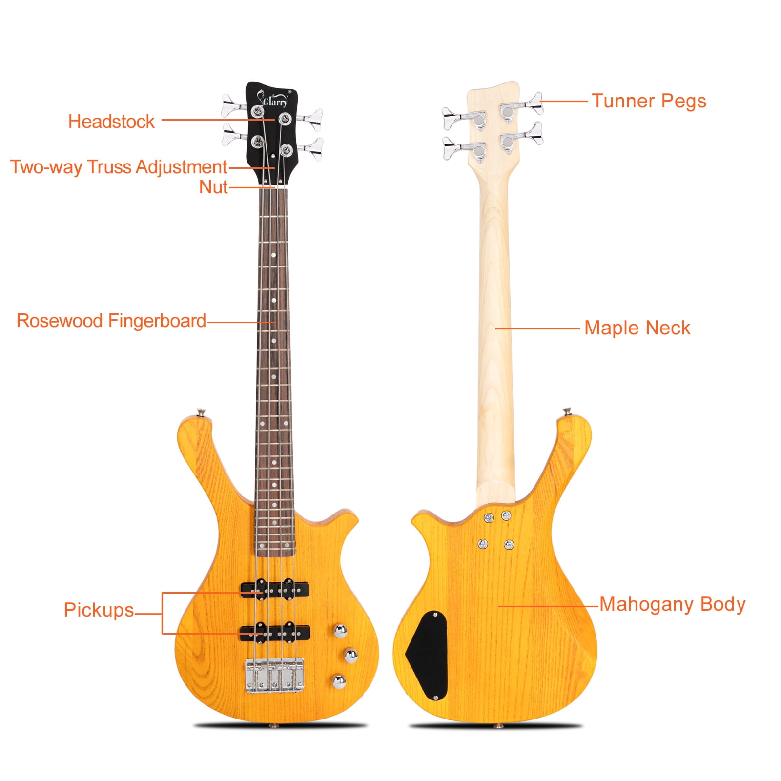 4 Strings GW101 Electric Bass Guitar Kit with Carry Bag, Strap, Plectrum, Wrench Tool, 36in Small Scale Mahogany Body Bass Guitar with Split Single-coil Pickup (Yellow)