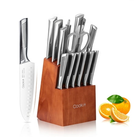 

Clearance Kitchen Knife Set 15 Piece Knife Sets with Block Chef Knife Stainless Steel Hollow Handle Cutlery with Manual Sharpener，