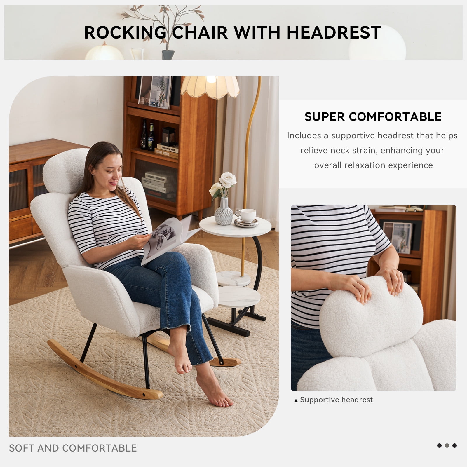 Rocking Chair With Thick Headrest, Nursery Glider Comfy Accent Chair With High Backrest, Upholstered Living Room Armchair For Home Office Living Room Nursery