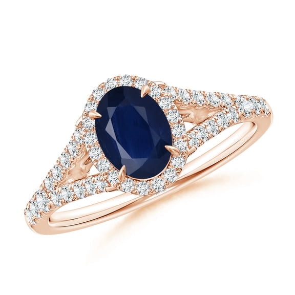 ANGARA Natural Claw-Set Oval Blue Sapphire Split Shank Halo Ring in 14K Rose Gold for Women (Size-7x5mm) | September Birthstone, Anniversary, Jewelry Gift for Women | Natural Blue Sapphire Ring